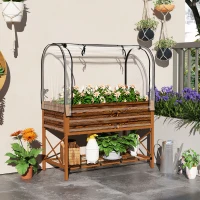 Outsunny Raised Garden Bed with Cover, Metal Elevated Planter Box with Bottom Shelf and Liner, Dark Brown Wood Effect(m-1)