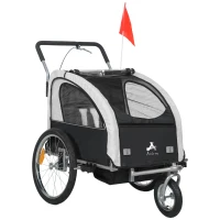 Aosom 2-in-1 Bike Trailer for Kids, Foldable 2-Seat Baby Stroller with 5-Point Harness, Rubber Wheels, Storage Bag, Black(m-2)