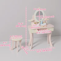 Qaba Kids Vanity Set, Girls Dressing Table with Mirror and Stool, 7 Accessories, Drawers, Desktop Storage, Pink(m-3)
