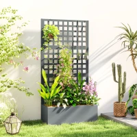 Outsunny Galvanized Raised Garden Bed Planter Box with Trellis for Climbing Plant, Vegetable, Vine, 35"x16"x70" Grey Wood Effect(m-1)