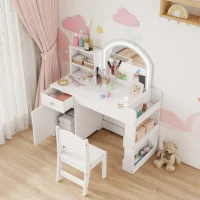 Qaba Kids Vanity Set, Toddler Dressing Table and Chair Set  with Lighted Mirror, Cabinet, Drawer and Shelves, White(m-10)
