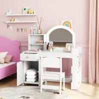 Qaba Kids Vanity Set, Toddler Dressing Table and Chair Set  with Lighted Mirror, Cabinet, Drawer and Shelves, White(m-8)
