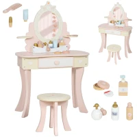 Qaba Kids Vanity Set, Girls Dressing Table with Mirror and Stool, 7 Accessories, Drawers, Desktop Storage, Pink(m-11)