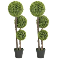 HOMCOM 45 Inch Potted Fake Plant Set of 2, Artificial Boxwood Topiary Tree, Triple Ball Tree for Indoor and Outdoor, Green(m-2)