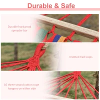 Outsunny Cotton Hammock Portable Soft Swing Sleeping w/ Headrest & Side Pocket Deluxe Swing Chair for Beach, Yard, Bedroom, Patio, Porch, Indoor, Outdoor, Rainbow Stripes(m-5)