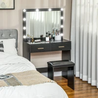 HOMCOM Makeup Vanity Desk Set with Stool, Dressing Table with LED Lighting Mirror, Drawers, for Bedroom, Black(m-8)