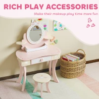 Qaba Kids Vanity Set, Girls Dressing Table with Mirror and Stool, 7 Accessories, Drawers, Desktop Storage, Pink(m-5)