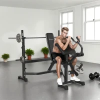 Soozier Weight Bench Stand with Squat Rack, Adjustable Olympic Bench, Multifunctional Arm Curl Pad, Leg Extension, Grey(m-8)