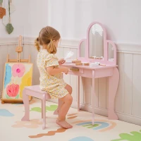 Qaba Kids Dressing Table and Chair Set, Girls Dressing Set, Makeup Desk with Drawer for 3-6 Years Old Kids, Pink(m-1)