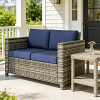 Outsunny Wicker Outdoor Sofa, All Weather Patio Couch Loveseat with Cushions for Balcony, Deck, Garden, Poolside, Dark Blue(m-1)