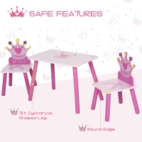 Qaba 3-Piece Kids Wooden Table and Chair Set with Crown Pattern Gift for Girls Toddlers Arts Reading Writing Age 2-4 Years Pink(m-4)