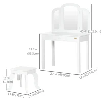Qaba Kids Vanity Table & Chair Set, Girls Dressing Set, Make Up Desk with Tri-folding Mirrors, Drawer, White(m-3)