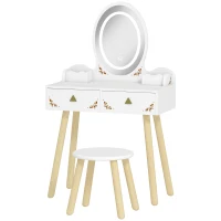Qaba Kids Vanity Set with Mirror, Stool, 3-Colour LED Lights, Girls Dressing Table Pretend Play for Kids Room, Pink(m-2)