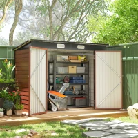 Outsunny 8 x 4FT Galvanized Garden Storage Shed, Metal Outdoor Shed with Double Doors and 2 Vents, Teak(m-8)