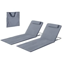 Outsunny 2 Pieces Beach Lounge Chair, Outdoor Folding Chaise Lounge Set w/ Pillow for Sunbath, Snap, Grey(m-2)