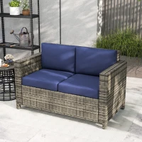 Outsunny Wicker Outdoor Sofa, All Weather Patio Couch Loveseat with Cushions for Balcony, Deck, Garden, Poolside, Dark Blue(m-10)