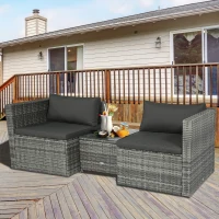 Outsunny 3 Pieces Patio PE Rattan Bistro Set Cushioned Armchair Sofa and Coffee Table Outdoor Furniture(m-8)