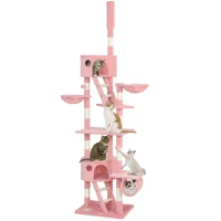 PawHut 94"-102" Floor to Ceiling Cat Tree High Cat Condo Scratching Post Activity Center Multi-Level Play House Pink(m-11)