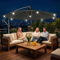 Outsunny 8.8FT Cantilever Patio Umbrella with Solar Powered LED Lights, Crank Handle, Cross Base for Outdoor Sun Shade, Grey