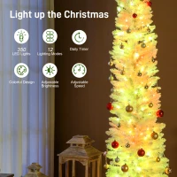 HOMCOM 9ft Christmas Tree with Colourful DIY Synchronized LEDs, Hinged Pencil Xmas Tree with Remote, Daily Timer, White(m-5)