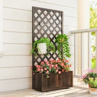 Outsunny 2.4 x 1 x 4.9 ft Garden Wooden Pine Trough Planter with Topped Trellis Climbing Plants Flower Raised Bed, Carbonized(m-9)