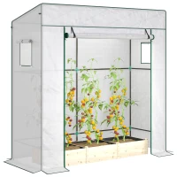 Outsunny Walk-in Tomato Greenhouse Lean-to Green House with Reinforced PE Cover, Roll-up Door, Mesh Windows, White(m-11)