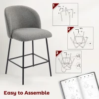 HOMCOM Set of 2 Counter Height Barstools, Upholstered Linen Bar Stools with Backrest, Footrest and Steel Legs, Dark Grey(m-7)