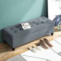 HOMCOM Rectangular Entry Bench, Tufted Upholstered Linen Fabric Wood Feet Storage Ottoman Bench, Grey(m-11)