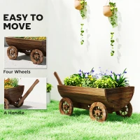 Outsunny Wooden Wagon Planter Box, Mobile Garden Planter with 4 Wheels, Small Wheelbarrow Wagon Flower Cart with Drainage Holes(m-6)
