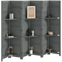 HOMCOM 6 Panel 67" Tall Wood Privacy Screen Room Divider with 3 Shelves and Folding Storage for Bedroom, Gray(m-11)