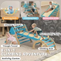 Qaba 8-in-1 Pikler Triangle Set, Foldable Wooden Climbing Toys with Arch, Ramp and Ladder for Ages 18-48 Mouths, Blue(m-4)