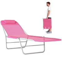 Outsunny Outdoor Lounge Chair, Portable Reclining Seat, Folding Chaise Lounge, Tanning Chair Bed with Pillow, Pink(m-11)