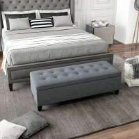 HOMCOM Rectangular Entry Bench, Tufted Upholstered Linen Fabric Wood Feet Storage Ottoman Bench, Grey(m-13)