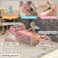 Qaba 8-in-1 Pikler Triangle Set, Foldable Wooden Climbing Toys with Arch, Ramp and Ladder for Ages 18-48 Mouths, Pink(m-4)