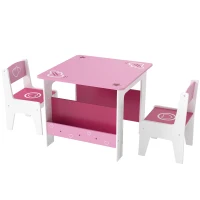 Qaba 3 Pieces Kids Table and Chair Set with Bookshelves, for Classroom, Home, Nursery, Playroom, for Read, Draw, Art, Pink(m-2)