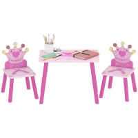 Qaba 3-Piece Set Kids Wooden Table Chair with Crown Pattern Easy to Clean Gift for Girls Toddlers Age 2-4 Years Old Pink(m-2)