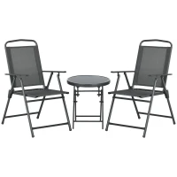 Outsunny 3 Pieces Bistro Set, Foldable Patio Furniture Set with Mesh Chairs, Glass Table for Garden, Balcony, Charcoal Grey(m-11)