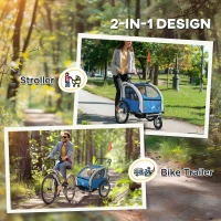 Aosom 2-in-1 Bike Trailer for Kids, Foldable 2-Seat Baby Stroller with 5-Point Harness, Rubber Wheels, Storage Bag, Blue(m-4)