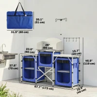 Outsunny Aluminum Camping Kitchen, Portable Folding Camping Table with Fabric Cupboards, Windshield, Bag for BBQ, Picnic, Blue(m-3)