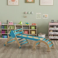 Qaba 8-in-1 Pikler Triangle Set, Foldable Wooden Climbing Toys with Arch, Ramp and Ladder for Ages 18-48 Mouths, Blue(m-10)