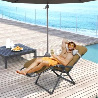 Outsunny Padded Folding Recliner Chair, Patio Lounger with Cupholder, Adjustable Backrest, Removable Cushion, Light Khaki(m-1)