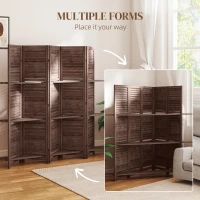 HOMCOM 5 Panel 67" Tall Wood Privacy Screen Room Divider with 3 Shelves and Folding Storage for Bedroom, Walnut(m-7)