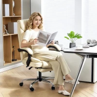 HOMCOM Executive Office Chair, Pet-Friendly Leather Ergonomic Desk Chair with Footrest, Swivel Recliner, Beige(m-9)
