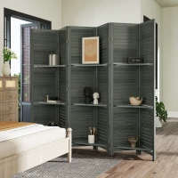 HOMCOM 6 Panel 67" Tall Wood Privacy Screen Room Divider with 3 Shelves and Folding Storage for Bedroom, Gray(m-8)