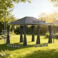 Outsunny 13'x 10' Soft-top Steel Patio Gazebo Canopy Party Tent with 6 Removable Curtains and Drainage Holes, Dark Grey(m-3)