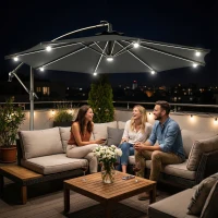 Outsunny 8.8FT Cantilever Patio Umbrella with Solar Powered LED Lights, Crank Handle, Cross Base for Outdoor Sun Shade, Grey(m-8)