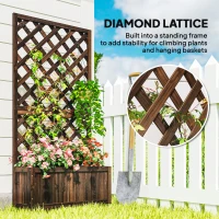 Outsunny 2.4 x 1 x 4.9 ft Garden Wooden Pine Trough Planter with Topped Trellis Climbing Plants Flower Raised Bed, Carbonized(m-4)