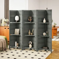 HOMCOM 6 Panel 67" Tall Wood Privacy Screen Room Divider with 3 Shelves and Folding Storage for Bedroom, Gray(m-10)