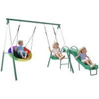 Qaba Metal Swing Set with Slide, Saucer Swing Seat, Heavy Duty A-Frame Stand and Adjustable Rope for Backyard, Dark Green(m-11)