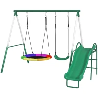 Qaba Metal Swing Set with Slide, Saucer Swing Seat, Heavy Duty A-Frame Stand and Adjustable Rope for Backyard, Dark Green(m-2)